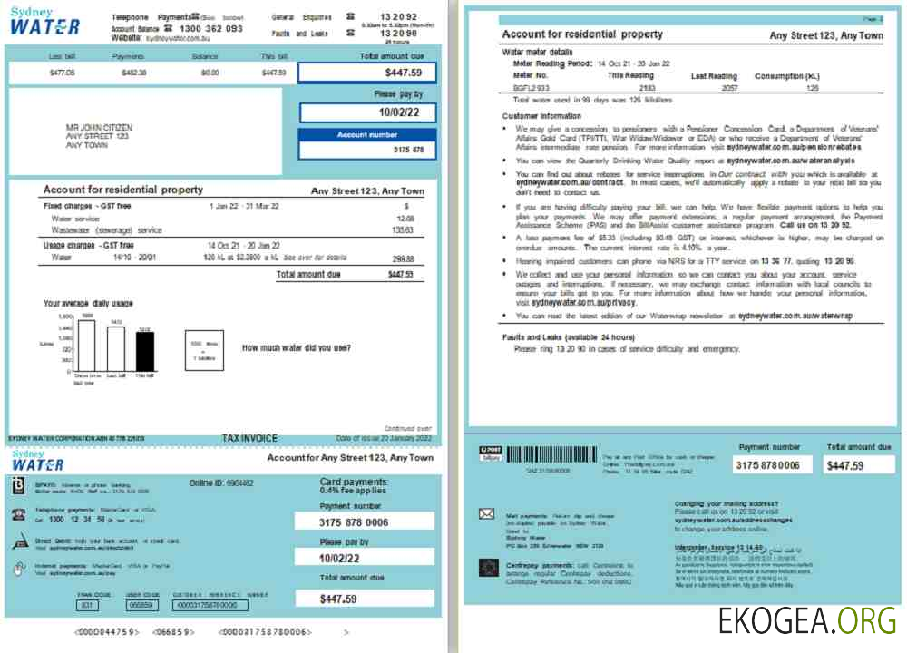 Australia Sydney Water utility bill, Word and PDF template, 2 pages
